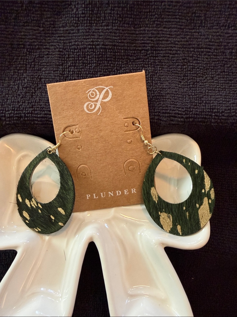 Plunder Dark Green Teardrop Earrings with Gold Flecks